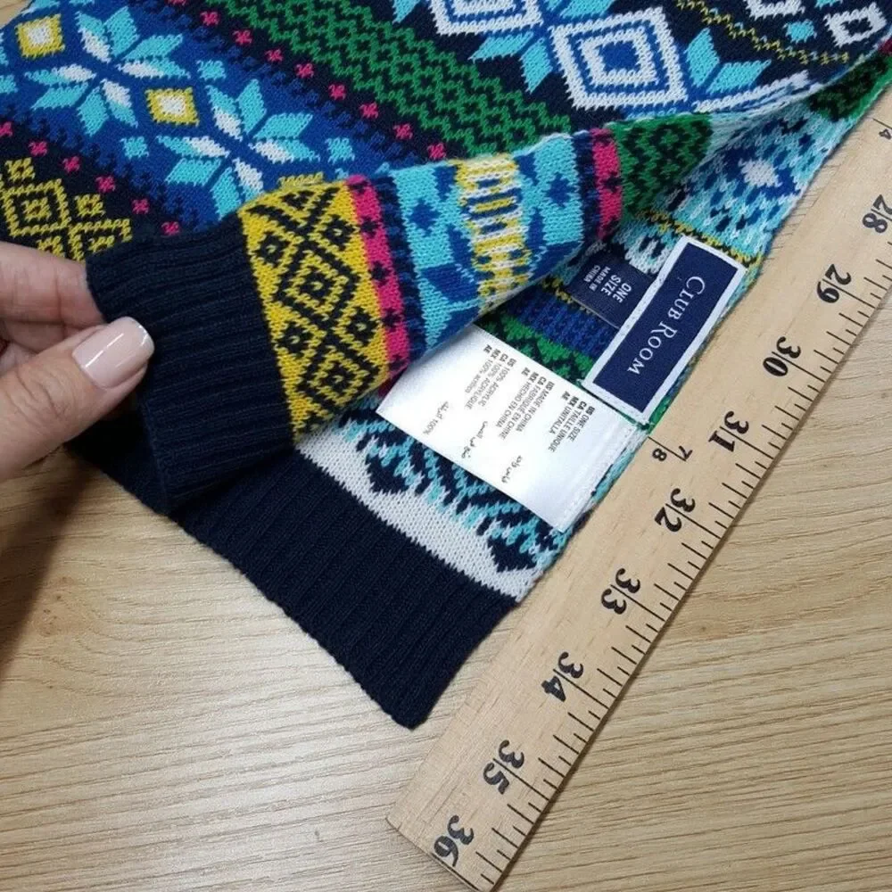 CLUB ROOM Mens Scarf Blue Green Chunky Knit Fair Isle Long Rectangle Winter 70x9